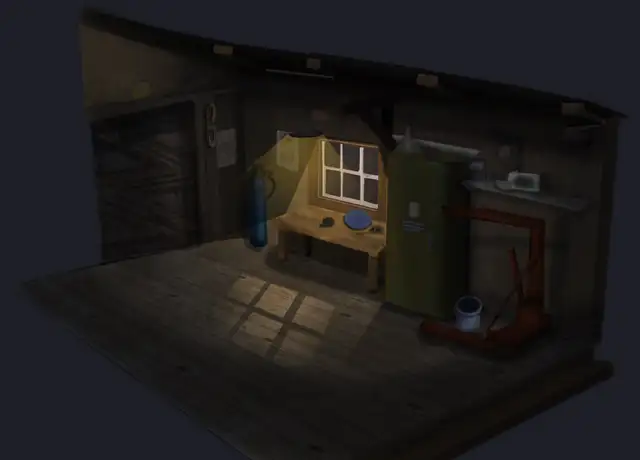 Render 3D de un garaje de madera iluminado