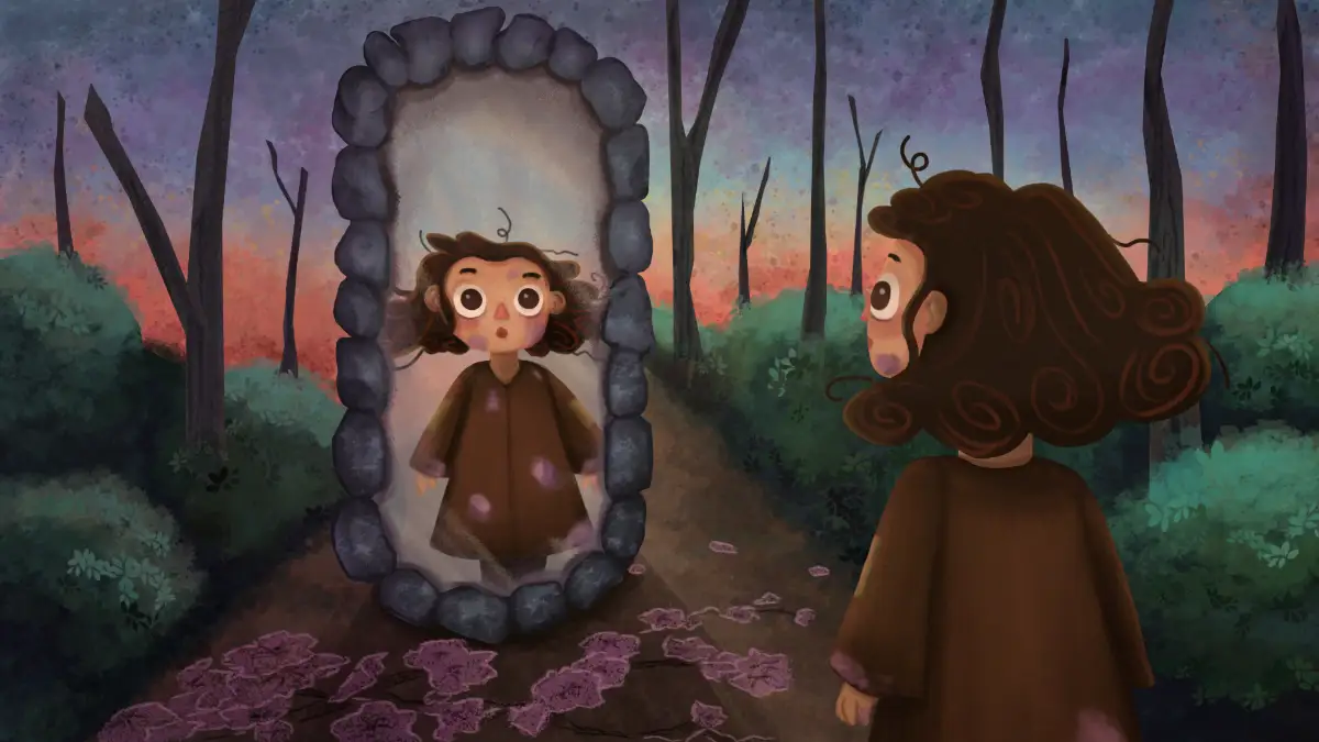 Dos niñas ante un espejo de piedra en un bosque