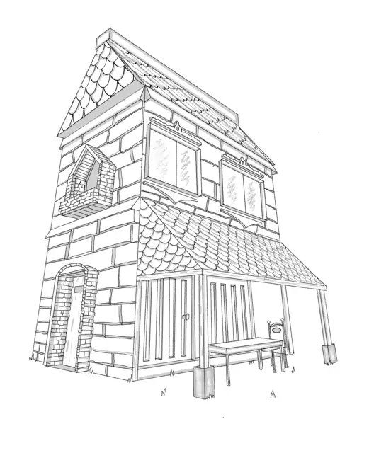 Dibujo a lápiz de una casa de piedra