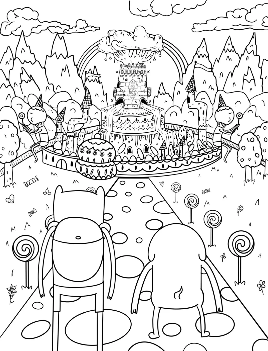 Ilustración a línea de dos personajes de espaldas ante un castillo de dulces