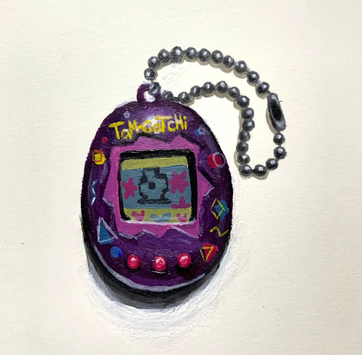 Pintura realista de un Tamagotchi morado con su cadena